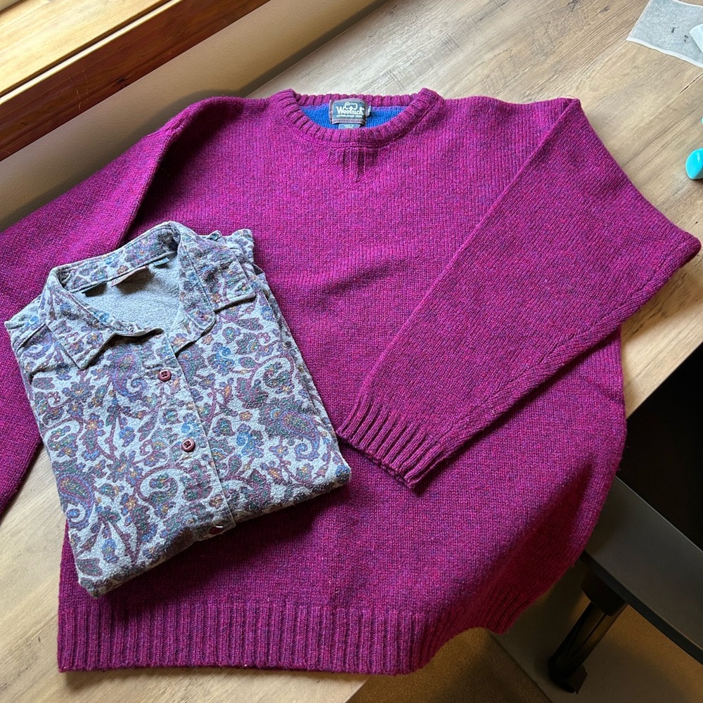 Woolrich Women's Rich Magenta Crewneck Sweater and coordinated flannel shirt
